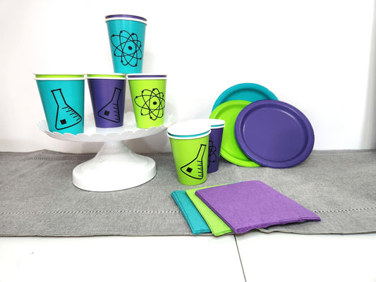 Mad Science Birthday Partyware Set - 24 piece Science Birthday Party In A Box - Science Birthday Party Science Party Tableware Lab Week